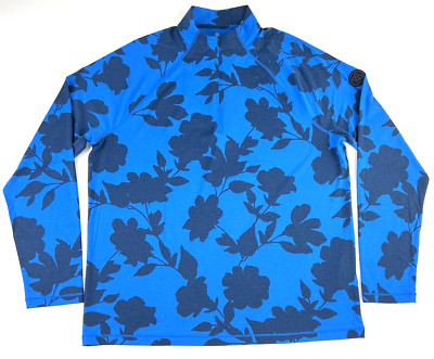 G/Fore G4 Tonal Floral Luxe Mens L Mid Layer Racer Blue Golf 1/4 Zip Stretch New