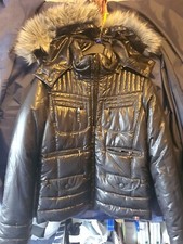 Vtg Women's Hilfiger Demin Crystal Shine Black Bomber Jacket Furry Collar Uk L