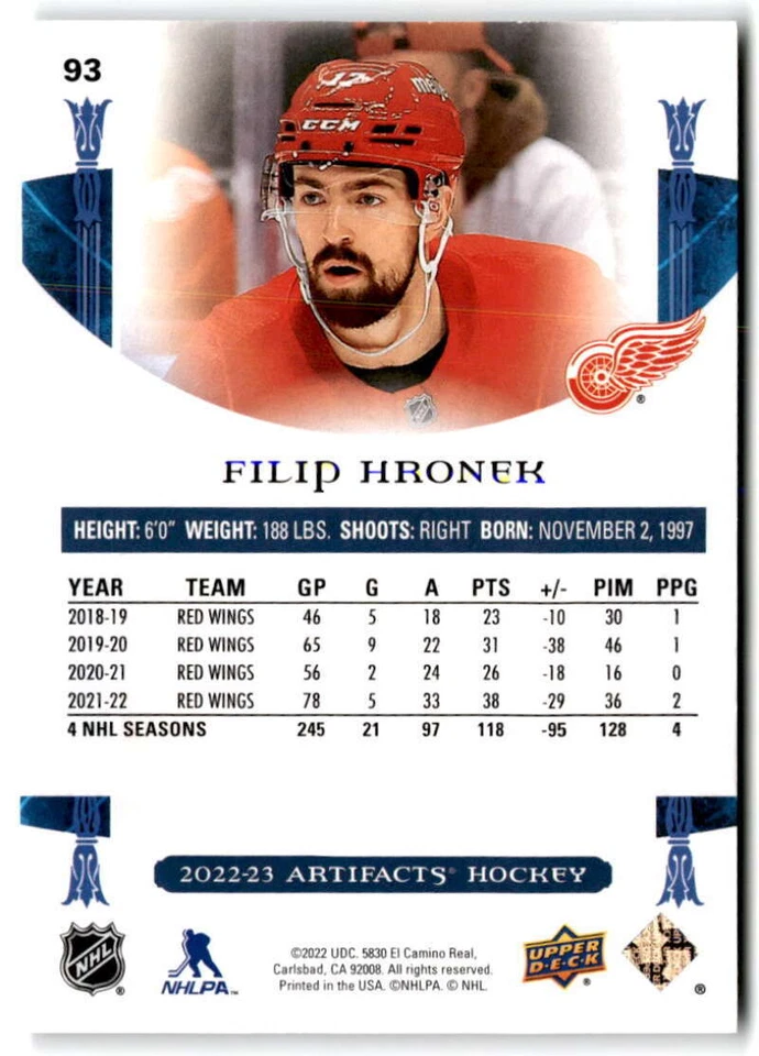 2022-23 Upper Deck Artifacts #93 Filip Hronek  Detroit Red Wings Hockey  - Image 2 of 2