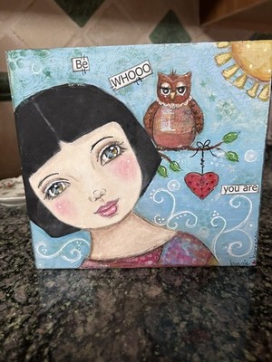 Whimsical Girl  With Owl On 8x8 Wood  Be Whoo You Are 