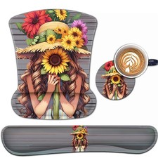 Keyboard Wrist Rest Mouse Pad Support Set Ergonomic Gel Sunflower Girl Pattern