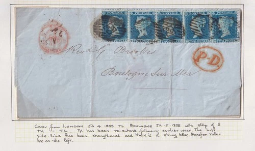 GB. QV. Strip of five, perforated 2d blue's, on wrapper to Boulogne. 1855.