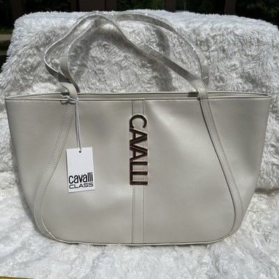 NWT Cavalli Class Large Sandra Shopper Tote Bag Satchel White Gold Chic Resort