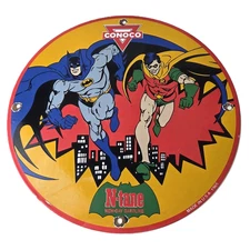 Vintage Conoco Gasoline Porcelain Sign - Batman Robin N-Tane Comic Gas Pump Sign