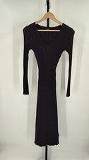 Quince Women Cotton Cashmere Ribbed Long Sleeve V-Neck Midi Dress Black S