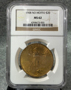 1908 NO MOTTO $20 GOLD ST. GAUDENS NGC MS62