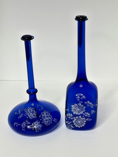 Set 2 Bottiglie Profumo Vintage Vetro Dipinto Blu Cobalto Floreale Delicate - Foto 2 di 14