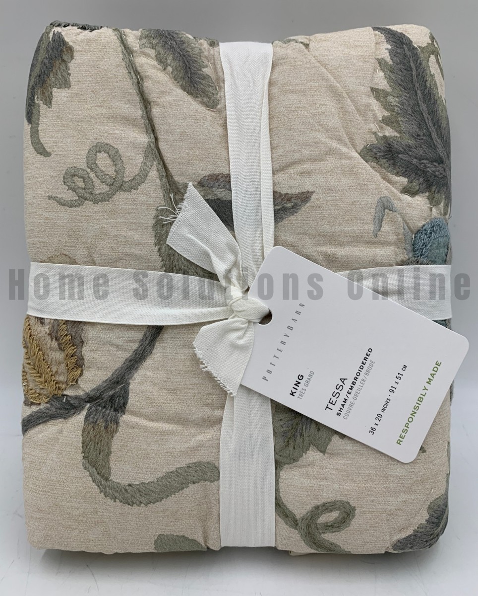 Pottery Barn Tessa Embroidered Floral Quilted Sham Blue Multi King