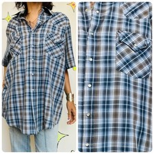 Vintage Blue Plaid Men's Western Lighweight Cotton Pearl Snap Shirt - Size L