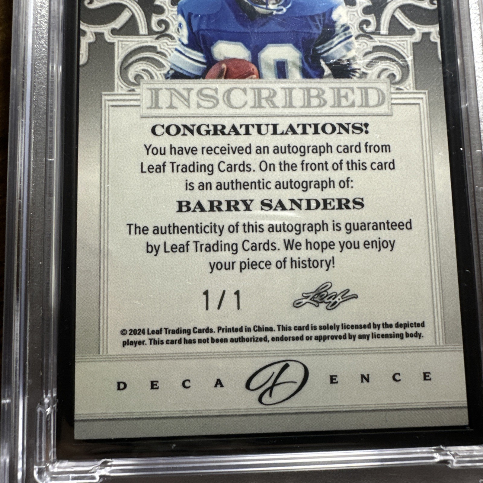 2024 Leaf Decadence Barry Sanders Auto Inscribed “Lion King” 👑 1/1! PSA Auto 10 view 3