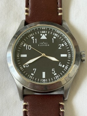 Elevon Mens Field Style Quartz Watch Black Dial Brown Leather Runs