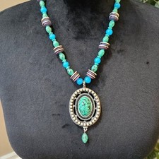 Womens Green Turquoise Pendant Multicolor Beaded Necklace with Lobster Clasp