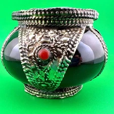 Vintage Handcrafted Moroccan 2 Piece Ceramic Smokeless Black Ashtray Brass Trim