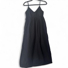 Quince XS 100% Organic Cotton Maxi Dress Sleeveless Black Pockets Babydoll Boho