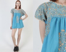 Turquoise Oaxacan Dress Floral Hand Embroidery Mexican Puebla Tunic Kaftan Top