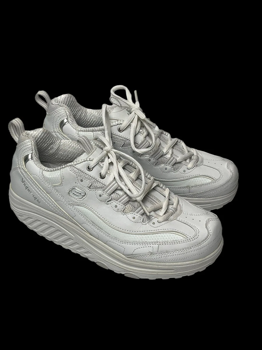 Women s Skechers Shape Ups White Leather Lace up Sneakers Walking