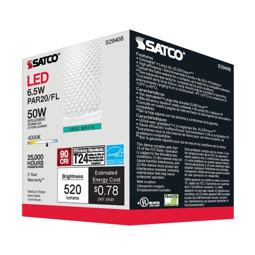 12 Pack Satco S29408 LED 120V 6.5W Watt =50W PAR20 Medium E26 4000K Cool White - Picture 9 of 14