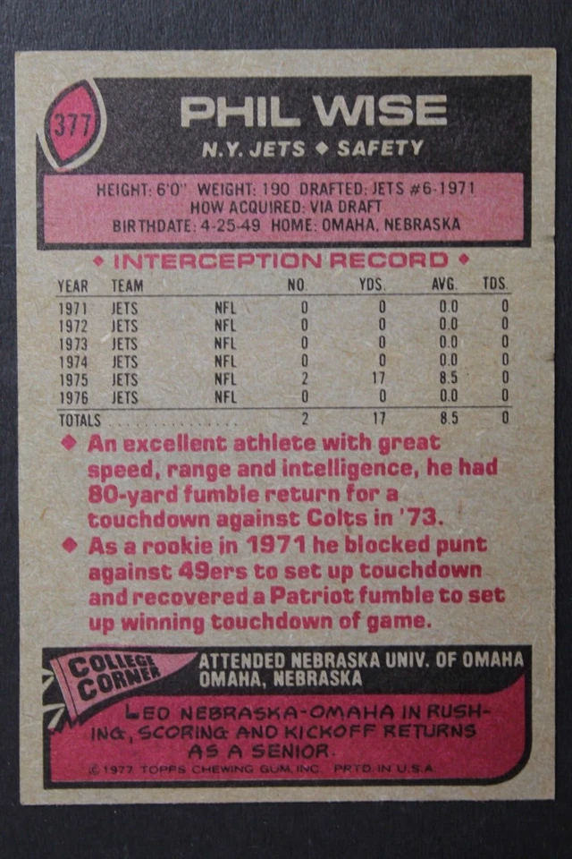 Phil Wise New York Jets Autographed Signed 1977 Topps #377 Card NEBRASKA - Image 2 of 3