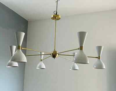 Modern Mid-Century Stilnovo Style 6 Arm 12 Light Brass Sputnik Chandelier