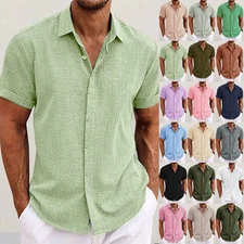 Men Turn-down Collar Short Sleeve Solid Button T-shirt Casual Work OL Blouse Top