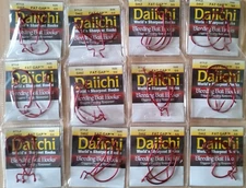 12-pack LOT Daiichi Bass red Hooks 5/0 Fat Gap Bleeding D46Z