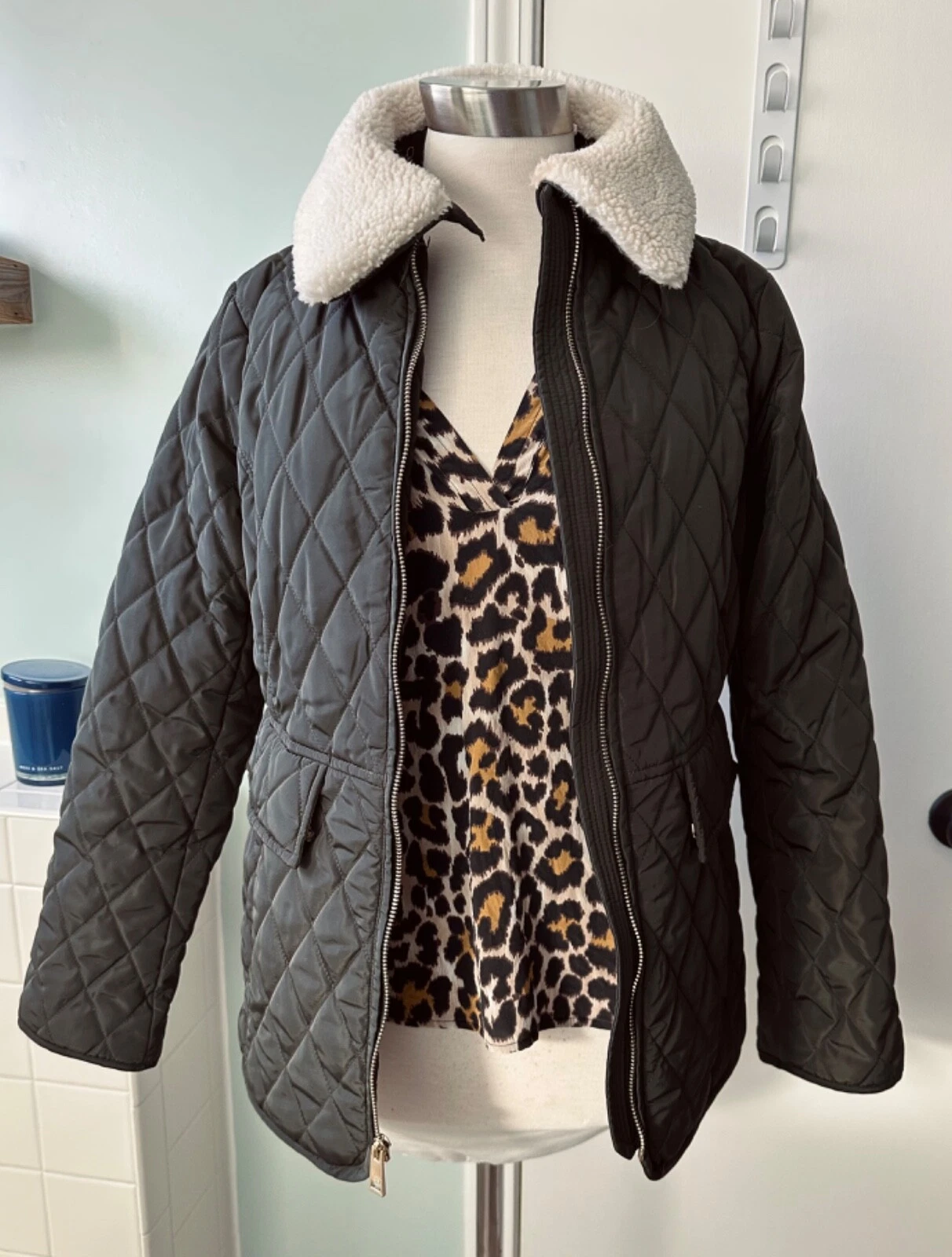 Giubbotto donna Michael Kors pelliccia sintetica trapuntato nylon puffer taglia S oliva elegante