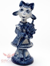 Porcelain gzhel school girl Goat figurine with flowers  & backpack Гжель!
