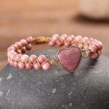 1X Rhodochrosite Heart Charm Women Girls Healing Handmade Braided Bracelet Gifts