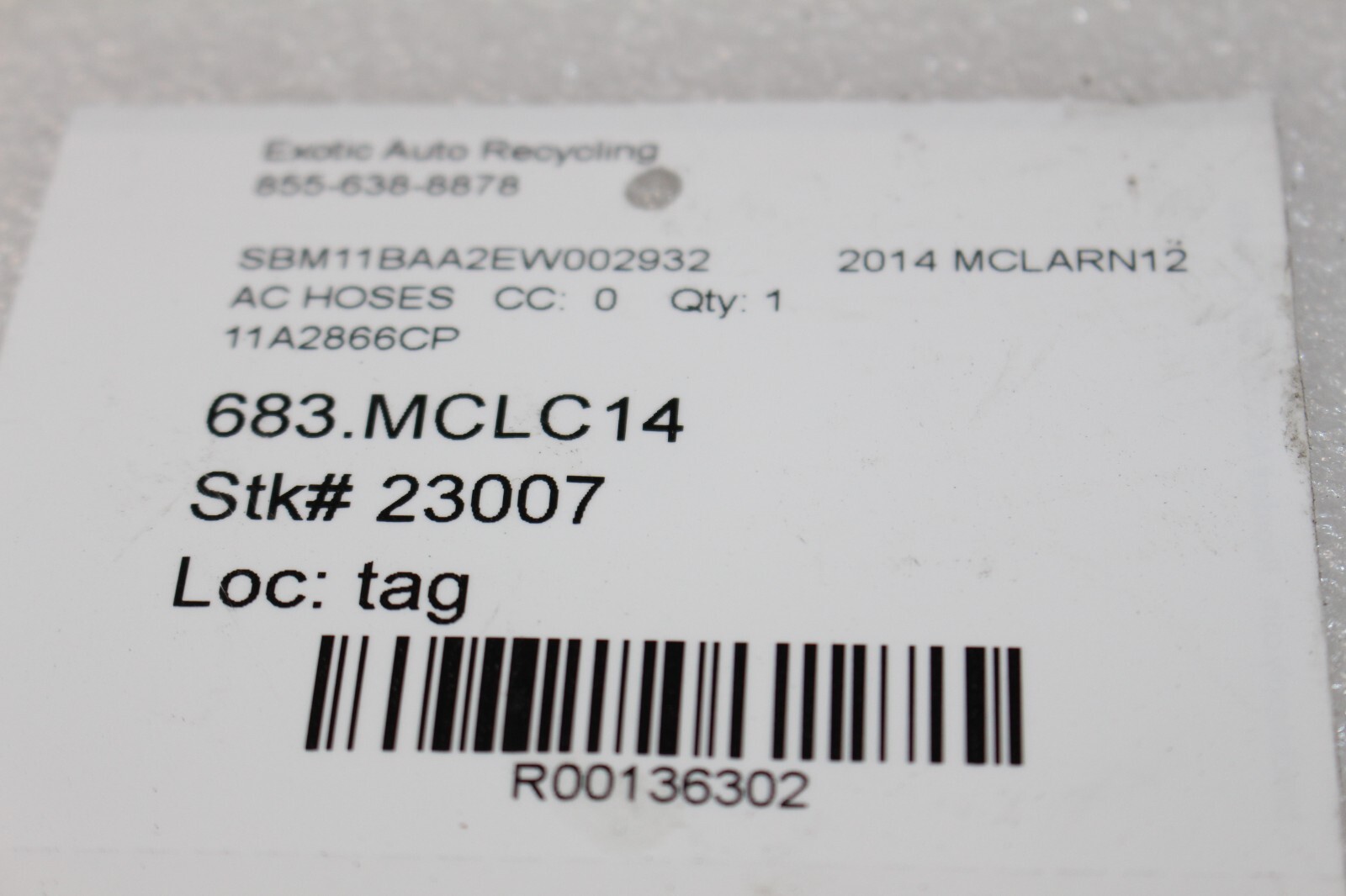 Mclaren MP4 12C, AC Hose, Used, P/N, 11A2866CP