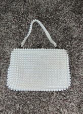 Grandee Bead Vintage 1960  s White Beaded Clutch Purse Handbag Leather Strap
