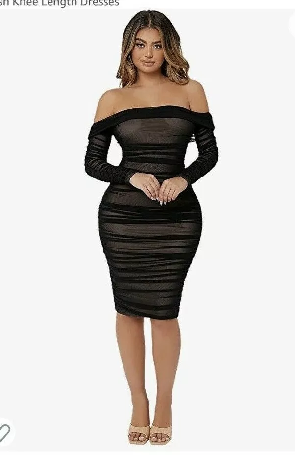 SheIn Womens Dress Bodycon Ruched Off Shoulder Long Sleeve Midi Black Small  NEW