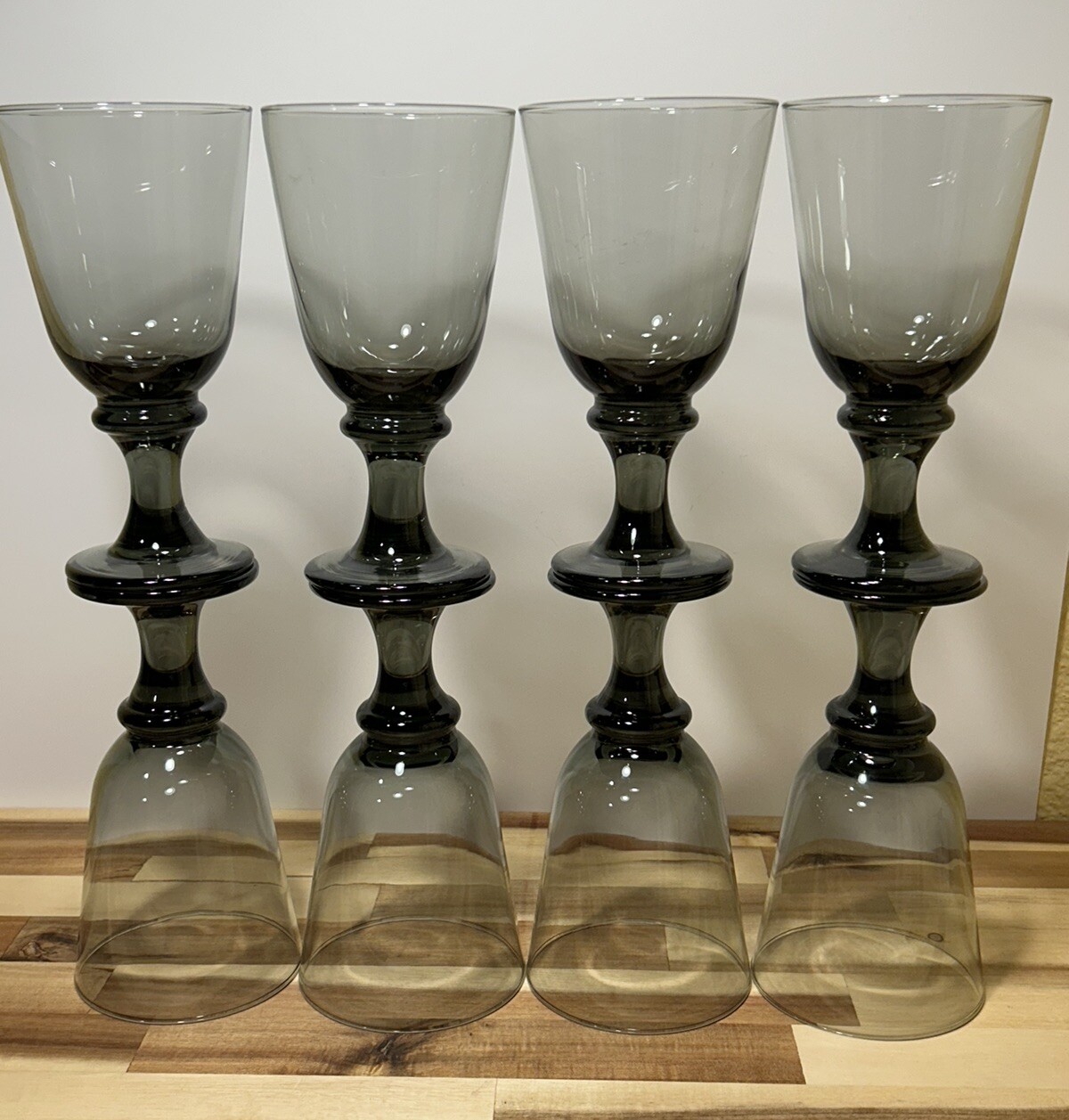 8 Libbey Nova Black Water Goblets Set Vintage 7" Smoke Bowl Stem Footed
