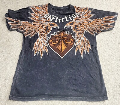 RARE Affliction T-SHIRT L Limited Mens Distressed LIVE FAST NAVY BIRDS Wings LA
