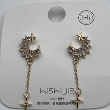 Crescent Moon and Stars drop Dangle Rhinestone Gold Tone 1.75" EARRINGS