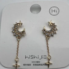 Crescent Moon and Stars drop Dangle Rhinestone Gold Tone 1.75" EARRINGS