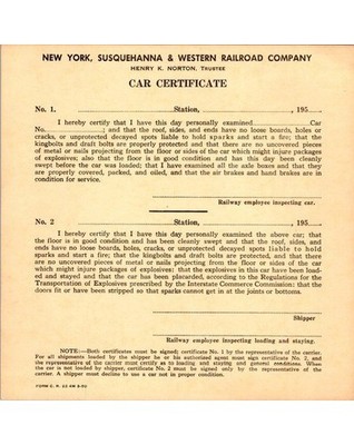 NYS & W Railroad Car Certificate NY Susquehanna & Western ICC 1950s Railform