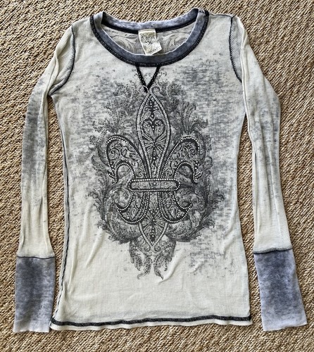 Vocal Rhinestone Fleur De Lis Thermal Top S Gray  Women Gothic Biker Y2K USA