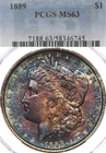 1889 $1 PCGS MS63 Morgan Silver Dollar Toned Blue Green Orange Purple
