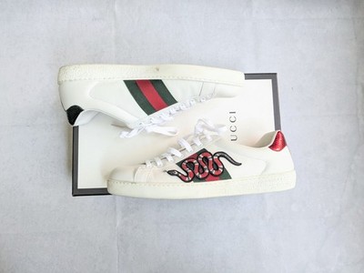 Gucci Ace Sneakers Snake Men 10 White Leather Shoes Low Tops