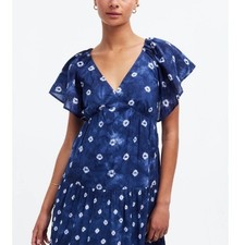 Madewell Women's Blue Cotton Shibori Print V Neck Tiered Midi Dress Size 8 NWOT