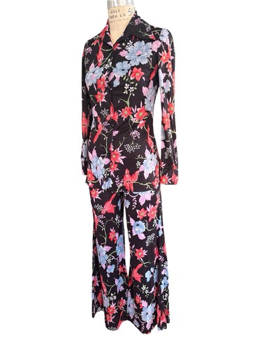 Vintage 1970’s Floral Birds Print Bell Bottom Pantsuit Bohemian Hostess Sz 0/2