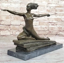 VINTAGE ART DECO NUDE AMAZONE FEMALE BRONZE STATUE ON MARBLE BASE FIGURINE SALE