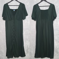 OLD NAVY Dark Green Midi Dress Size L Crepe Flutter Sleeves Button Front Smocked