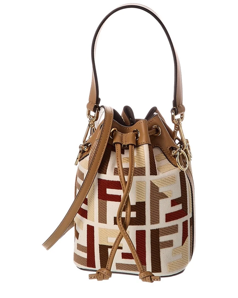 Bolso cubo Fendi Mon Tresor Mini Ff de lona y cuero beige para mujer