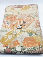 Gold Brocade Kimono Obi Belt Crane Motif Table Runner Art Decorative 159X12.5 