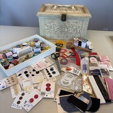 Large Antique Vintage Sewing Notions Estate Lot Buttons Thread Scissors Sew Box