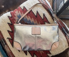 Vintage COACH Silver Tan Leather Wristlet Purse 9x5