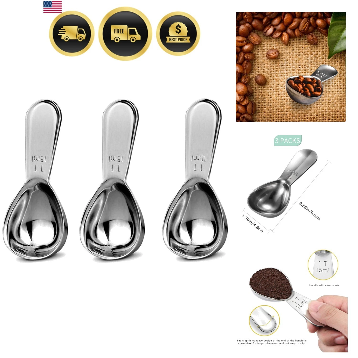 Coffee Scoop Set,Stainless Steel Coffee Spoons Short Handles,Tablespoon Measu...