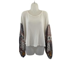 By Together Blouse Womens Small White Waffle Knit Boho Balloon Sleeve Top Raw