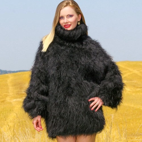 SUPERTANYA black thick mohair sweater fuzzy turtleneck warm ski pullover L-XL